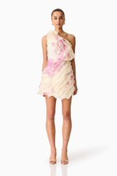 Rova One Shoulder Mini Dress in Cream & Pink Floral
