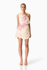 Rova One Shoulder Mini Dress in Cream & Pink Floral
