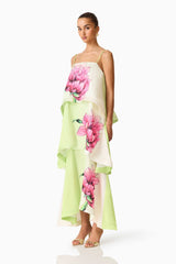 Elisia Tiered Gown in Green & Pink Floral