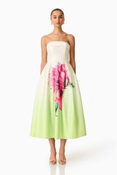 Elisia Strapless Gown in Green & Pink Floral