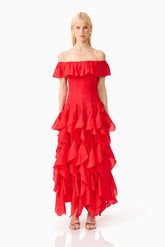 Yvette Off Shoulder Gown in Vermilion Red