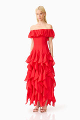 Yvette Off Shoulder Gown in Vermilion Red