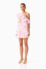 Millie One Shoulder Mini Dress in Pink Floral