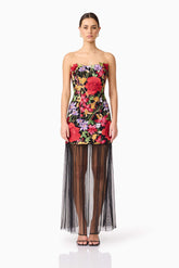 Talia Strapless Maxi Dress in Black Floral