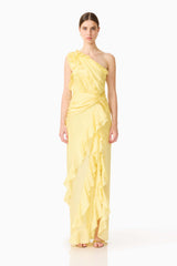 Lucinda One Shoulder Gown in Lemon Yellow