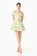 Hana Off Shoulder Mini Dress in Lemon Print