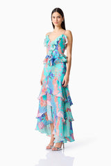 Coral Tiered Gown in Blue Multi