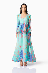 Coral Long Sleeve Maxi Dress in Blue Multi