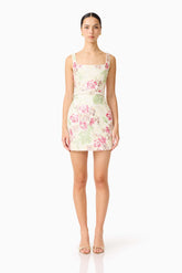 Greta Embroidered Mini Dress in Cream & Pink Floral