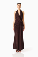 Simone Cowl Neck Gown in Chocolate Brown