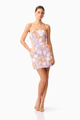 Arabella Strapless Floral Mini Dress in Orange & Purple