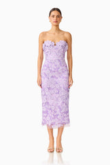 Roseate Strapless Midi Dress in Purple