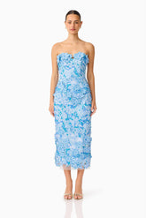 Roseate Strapless Midi Dress in Blue