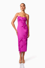 Bethany Strapless Floral Midi Dress In Purple