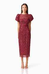 Carmen Puff Sleeve Midi Dress in Red