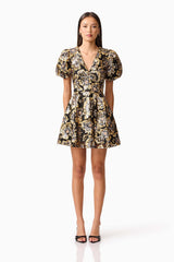 Celeste Puff Sleeve Mini Dress in Black and Gold