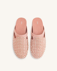 Athena Artificial Crystal Flat Mules - Pink Beige