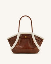Hana Medium Faux Shearling Trim Tote Bag - Brown