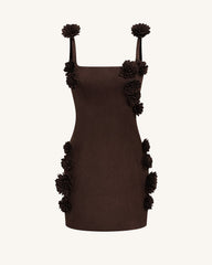 Elaina Rosette Applique Mini Dress - Chocolate Brown