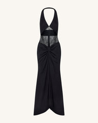Ruched Lace Panel Maxi Dress - Black
