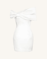 Satin Asymmetric Bow Mini Dress - White