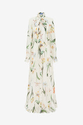 Lilith Tie Neck Maxi Dress - Botanical Print in Snow