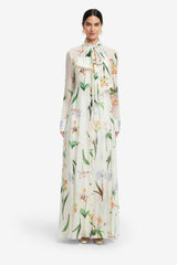 Lilith Tie Neck Maxi Dress - Botanical Print in Snow