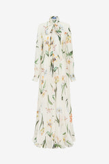 Lilith Tie Neck Maxi Dress - Botanical Print in Snow