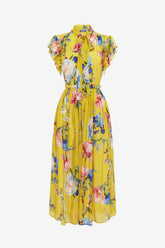 Grace Flutter Sleeve Midi Dress - Garden Print in Mustard
