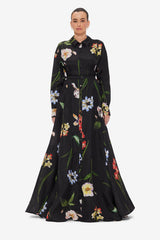Josephine Silk Gown - Botanical Print in Ebony