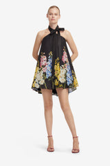 Eloise Halterneck Mini Dress - Snapdragon Print in Ebony