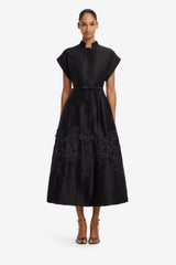 Aubrey Appliqué Shirt Midi Dress - Ebony