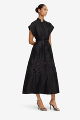 Aubrey Appliqué Shirt Midi Dress - Ebony