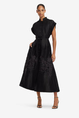 Aubrey Appliqué Shirt Midi Dress - Ebony