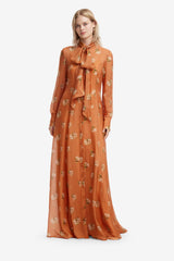 Lilith Tie Neck Maxi Dress - Lily Print in Ochre