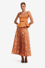 June Pleated Maxi Skirt - Lily Print in Ochre