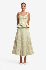 June Pleated Maxi Skirt - Pistachio Rose Print