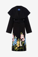 Joan Embroidered Wool Coat - Snapdragon Print in Ebony