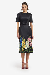 Elizabeth Short Sleeve Midi Dress - Snapdragon Print in Ebony