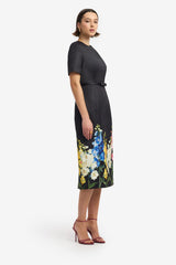 Elizabeth Short Sleeve Midi Dress - Snapdragon Print in Ebony
