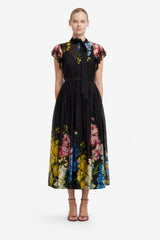 Grace Flutter Sleeve Midi Dress - Snapdragon Print in Ebony
