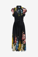 Grace Flutter Sleeve Midi Dress - Snapdragon Print in Ebony