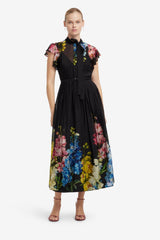 Grace Flutter Sleeve Midi Dress - Snapdragon Print in Ebony