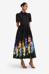 Bianca Short Sleeve Midi Dress - Snapdragon Print in Ebony