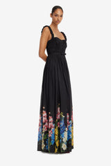 Angelina Ruffled Floor Length Dress - Snapdragon Print in Ebony