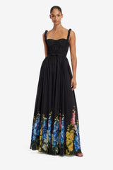 Angelina Ruffled Floor Length Dress - Snapdragon Print in Ebony