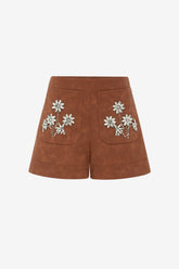 Tessa Embellished Vegan Suede Shorts - Chestnut