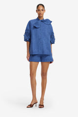 Brooklyn Appliqué Vegan Suede Bow Puff Sleeve Top - Azure