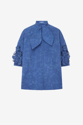 Brooklyn Appliqué Vegan Suede Bow Puff Sleeve Top - Azure