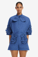 Brooklyn Appliqué Vegan Suede Bow Puff Sleeve Top - Azure